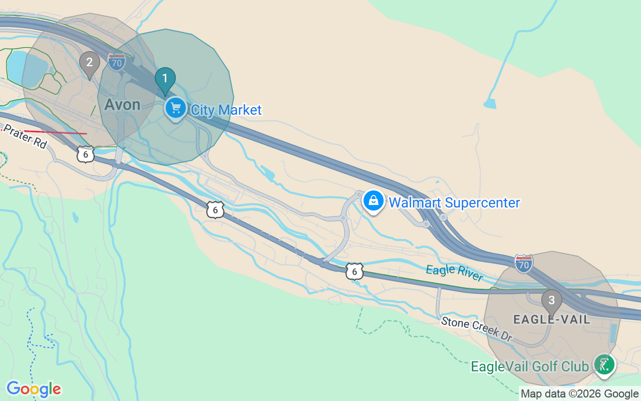 Map of Airbnb guest-review hotspots in Avon with location premium circles