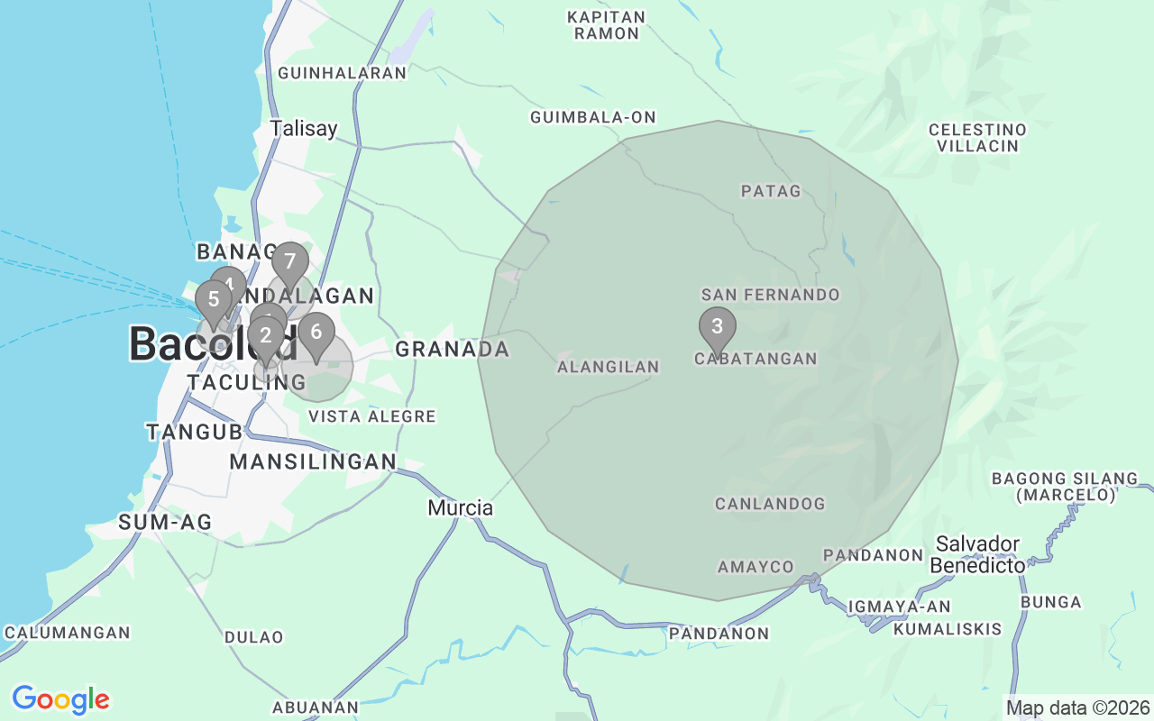 Map of Airbnb guest-review hotspots in Bacolod with location premium circles