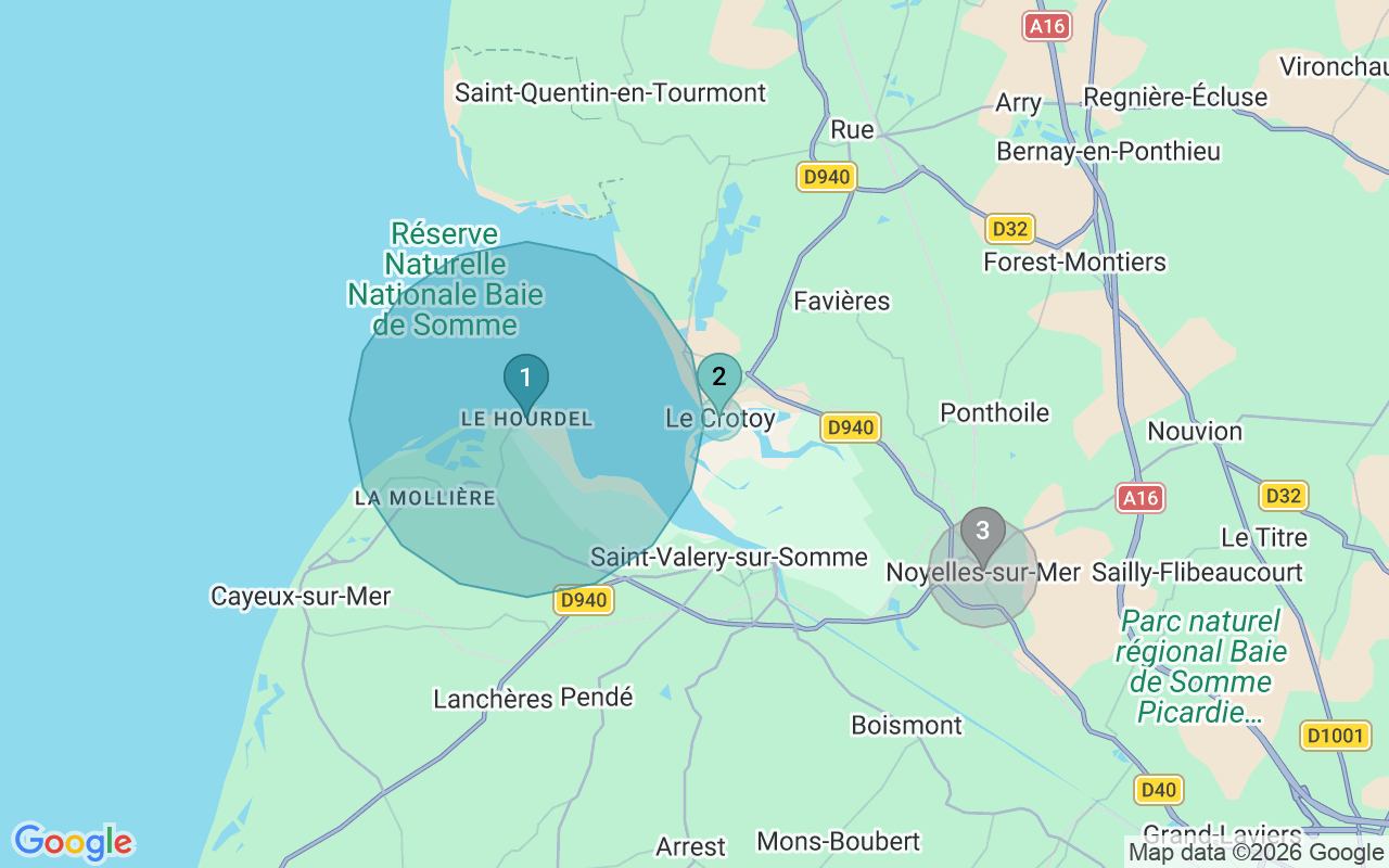 Map of Airbnb guest-review hotspots in Baie de Somme with location premium circles