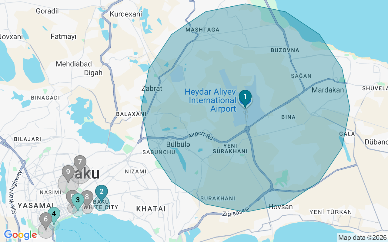 Map of Airbnb guest-review hotspots in Baku with location premium circles