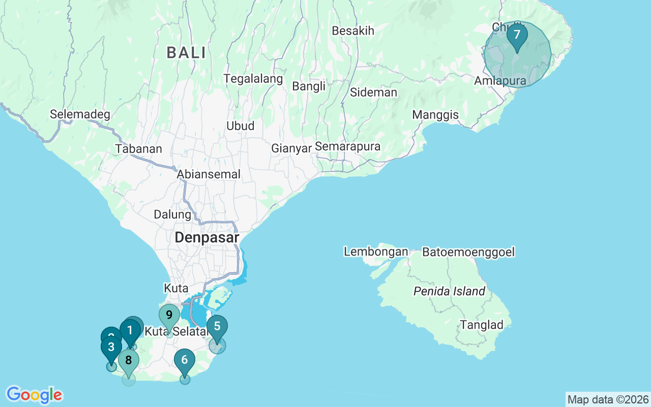 Map of Airbnb guest-review hotspots in Bali with location premium circles