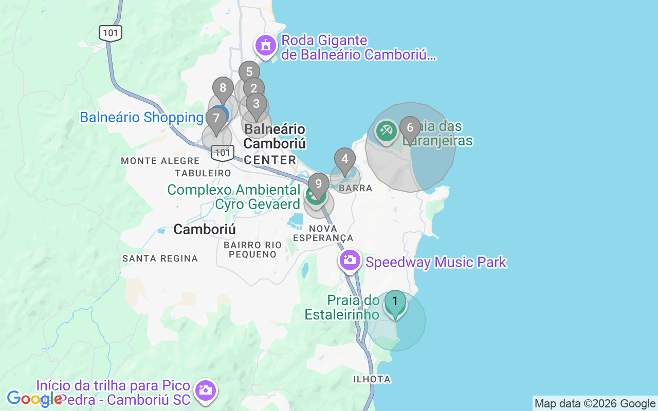 Map of Airbnb guest-review hotspots in Balneário Camboriú with location premium circles