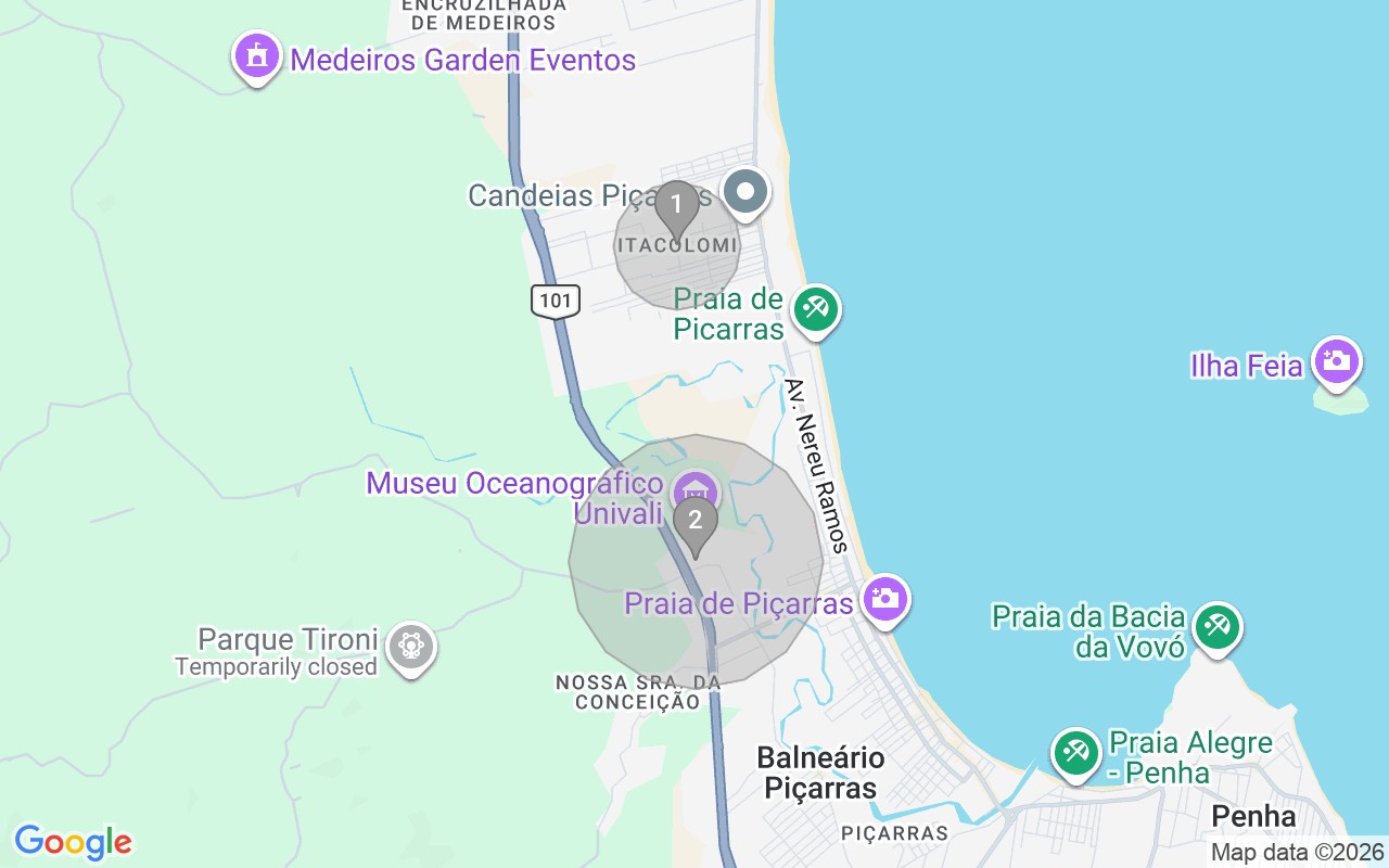 Map of Airbnb guest-review hotspots in Balneário Piçarras with location premium circles