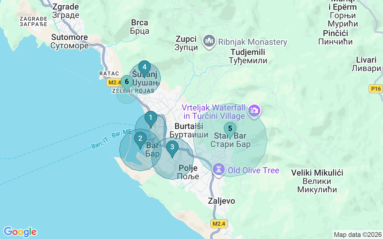 Map of Airbnb guest-review hotspots in Bar with location premium circles