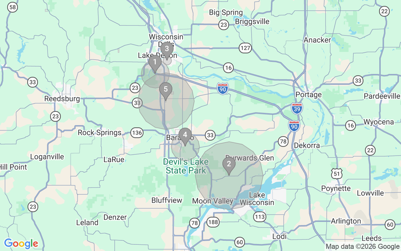 Map of Airbnb guest-review hotspots in Baraboo with location premium circles