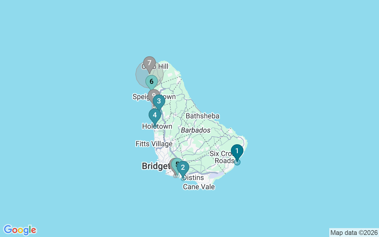 Map of Airbnb guest-review hotspots in barbados with location premium circles