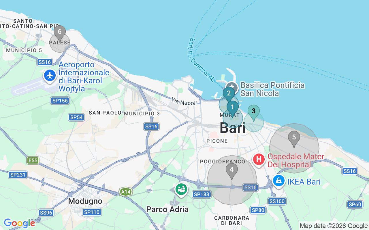 Map of Airbnb guest-review hotspots in Bari with location premium circles