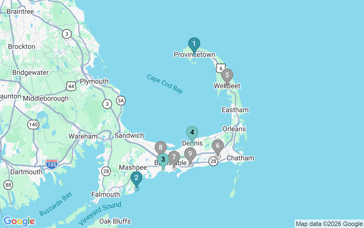 Map of Airbnb guest-review hotspots in Barnstable Town with location premium circles