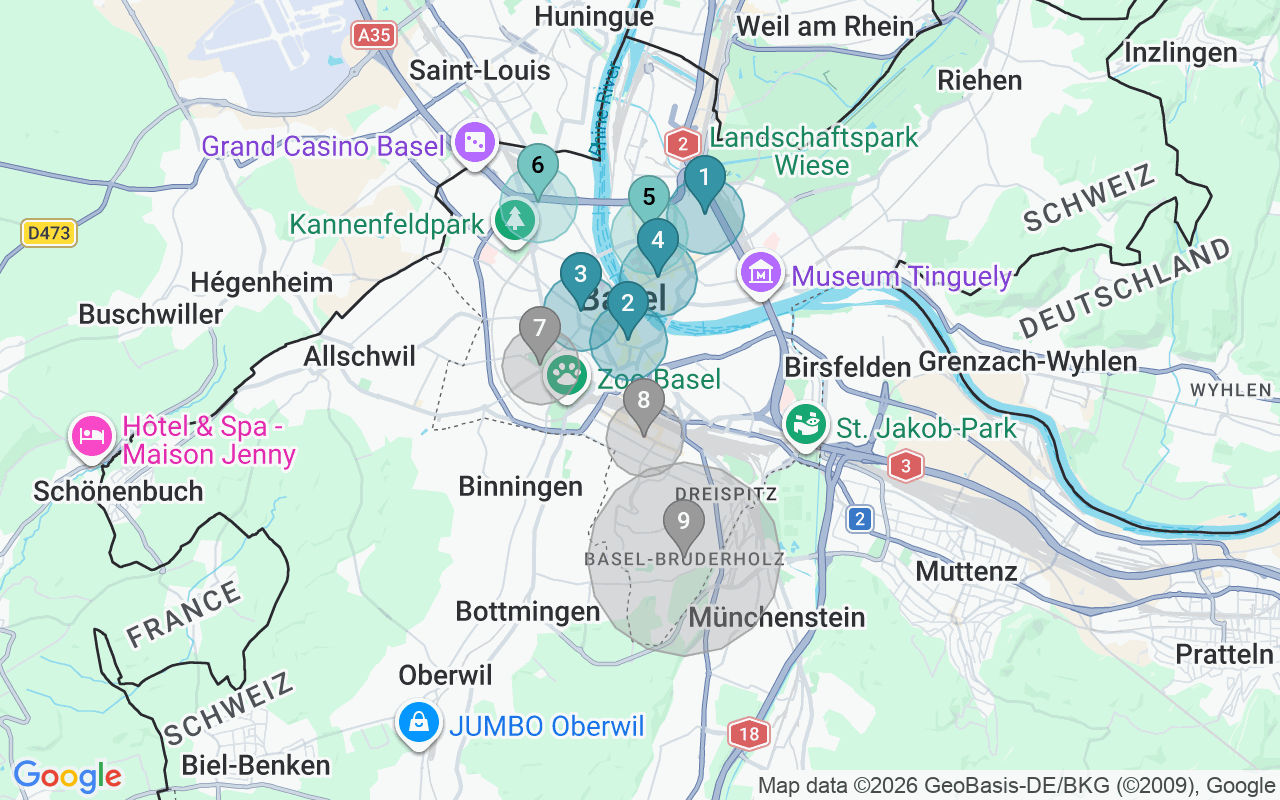 Map of Airbnb guest-review hotspots in Basel-Stadt (Unincorporated) with location premium circles