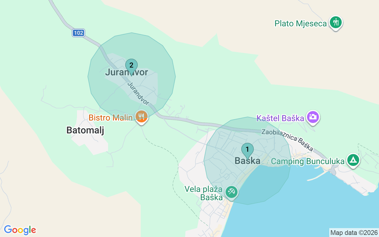 Map of Airbnb guest-review hotspots in Baška with location premium circles
