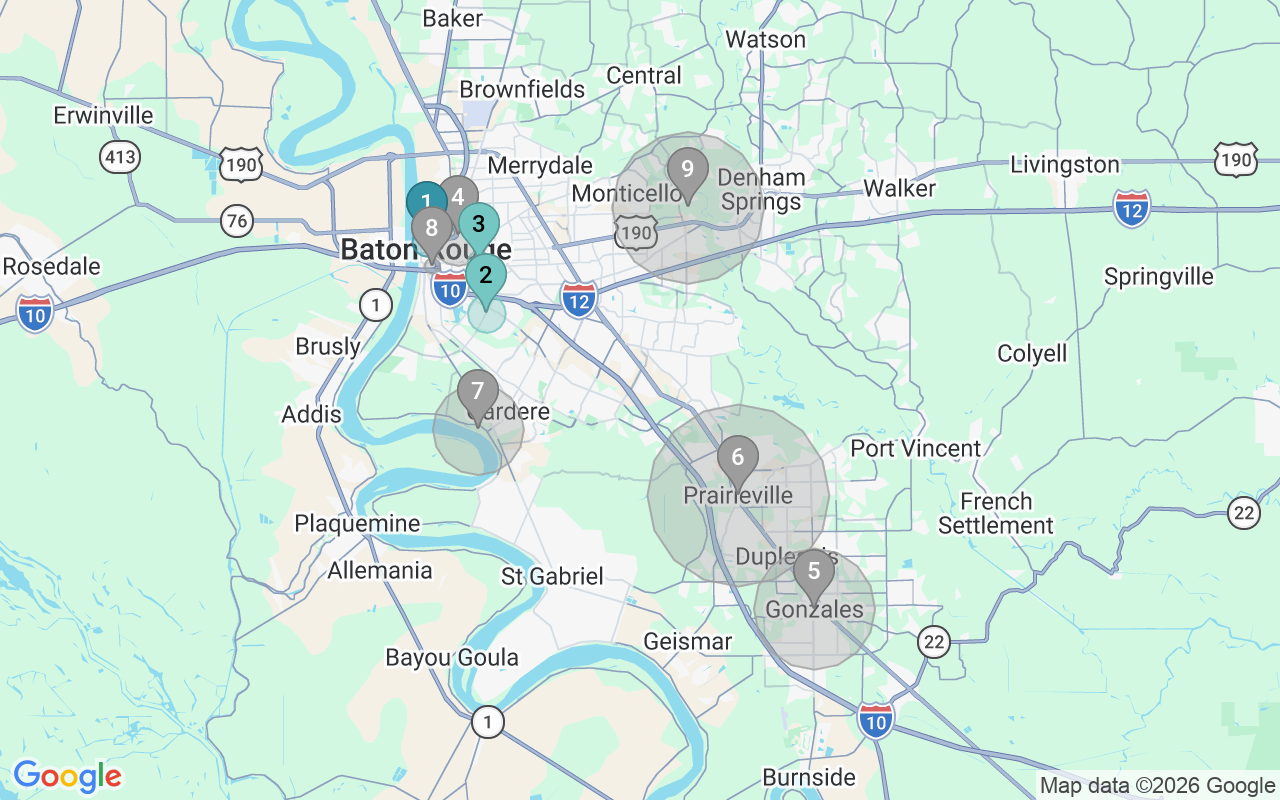Map of Airbnb guest-review hotspots in Baton Rouge with location premium circles