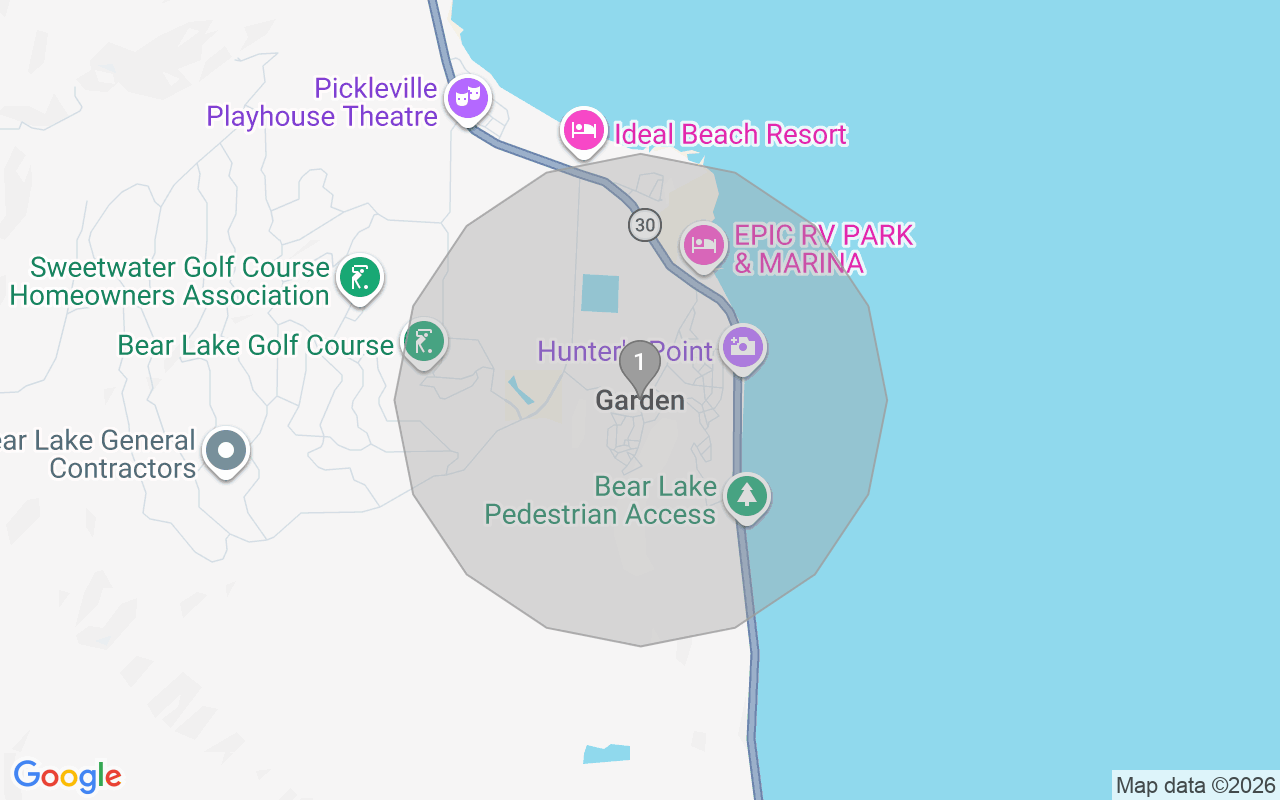 Map of Airbnb guest-review hotspots in Bear Lake with location premium circles