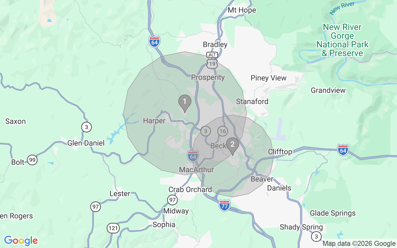Map of Airbnb guest-review hotspots in Beckley with location premium circles
