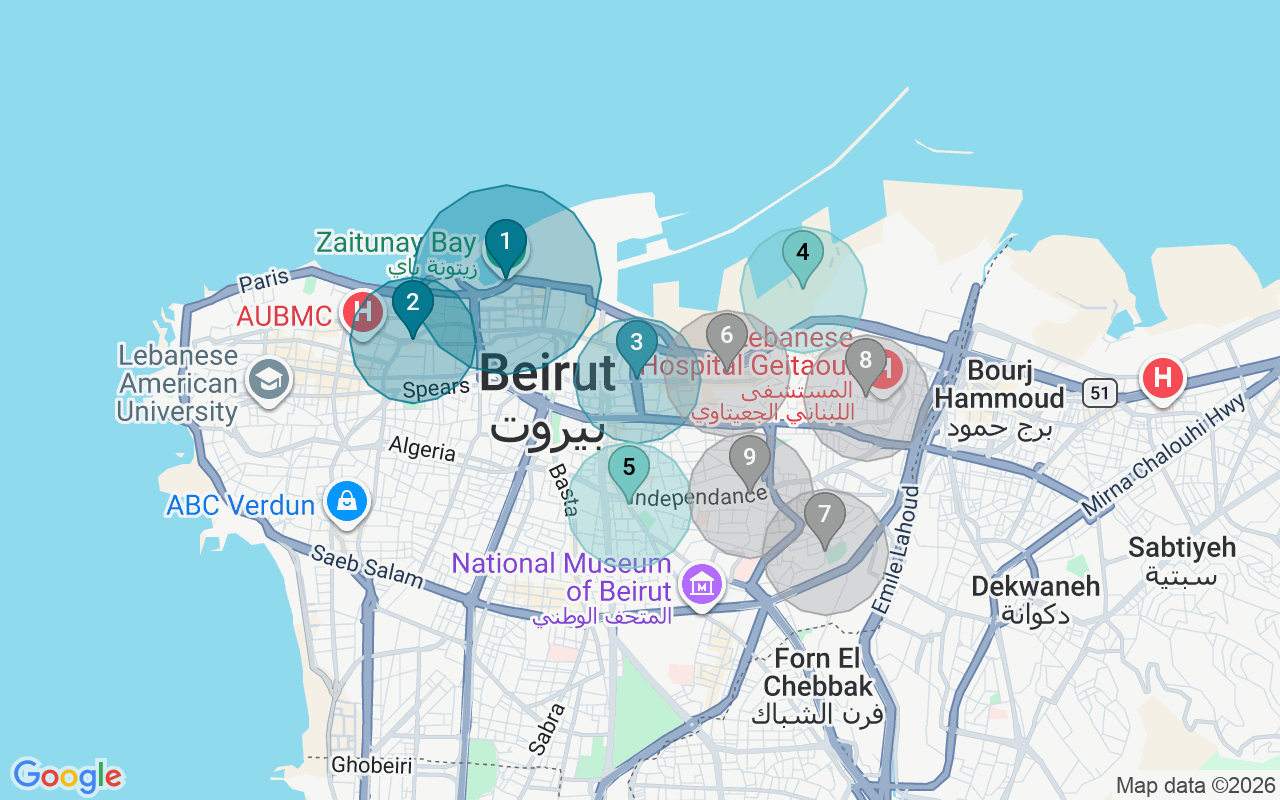 Map of Airbnb guest-review hotspots in Beirut with location premium circles