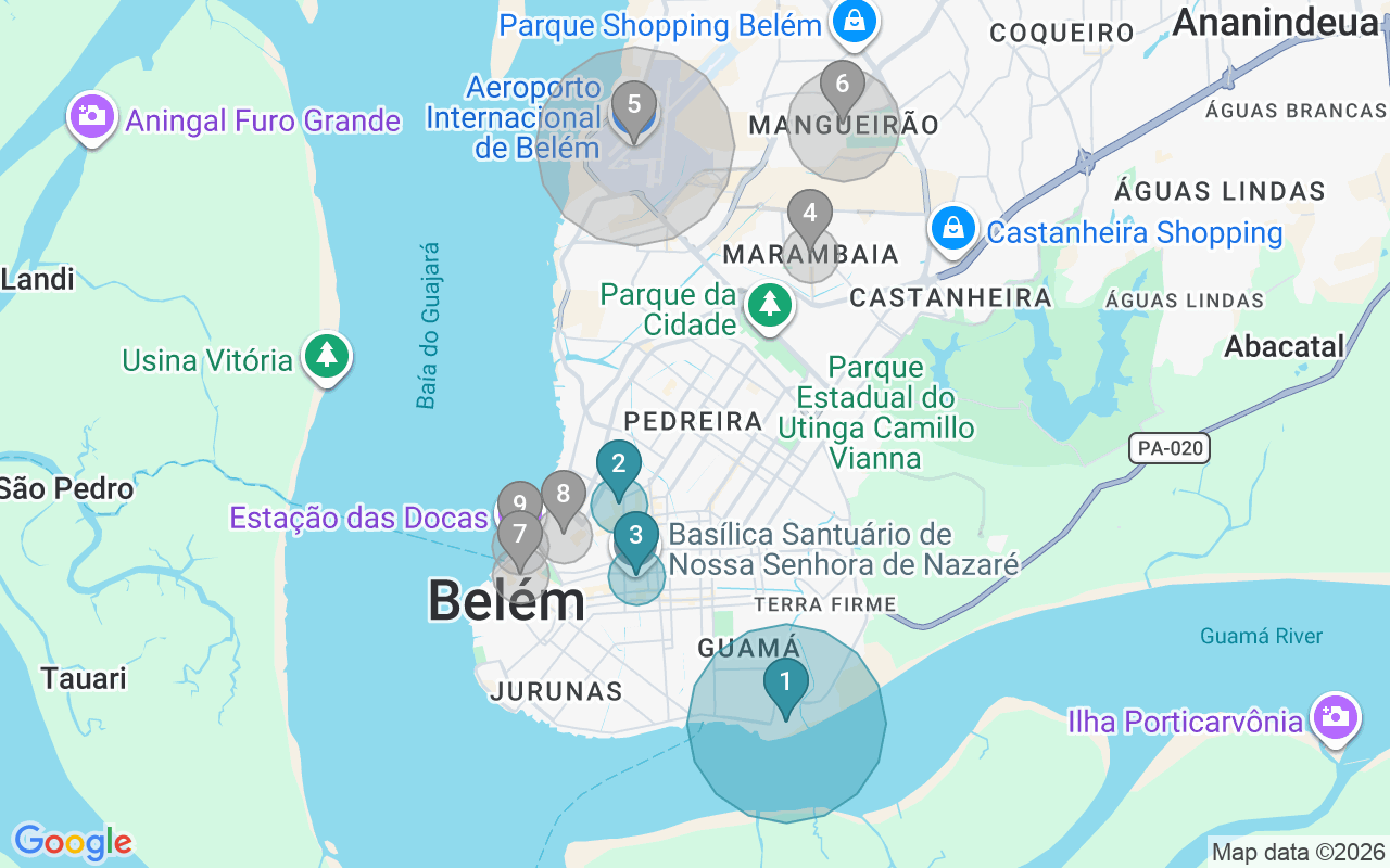 Map of Airbnb guest-review hotspots in Belém with location premium circles
