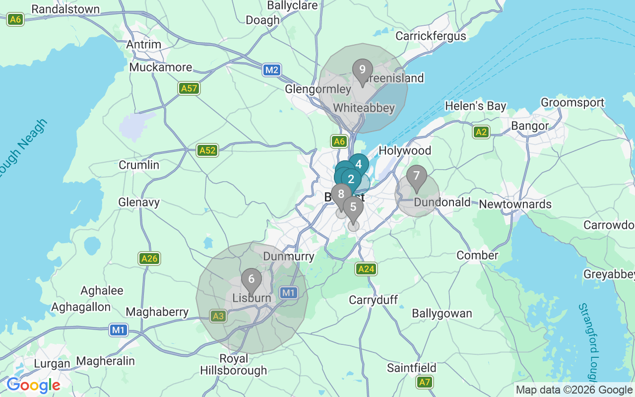 Map of Airbnb guest-review hotspots in Belfast with location premium circles