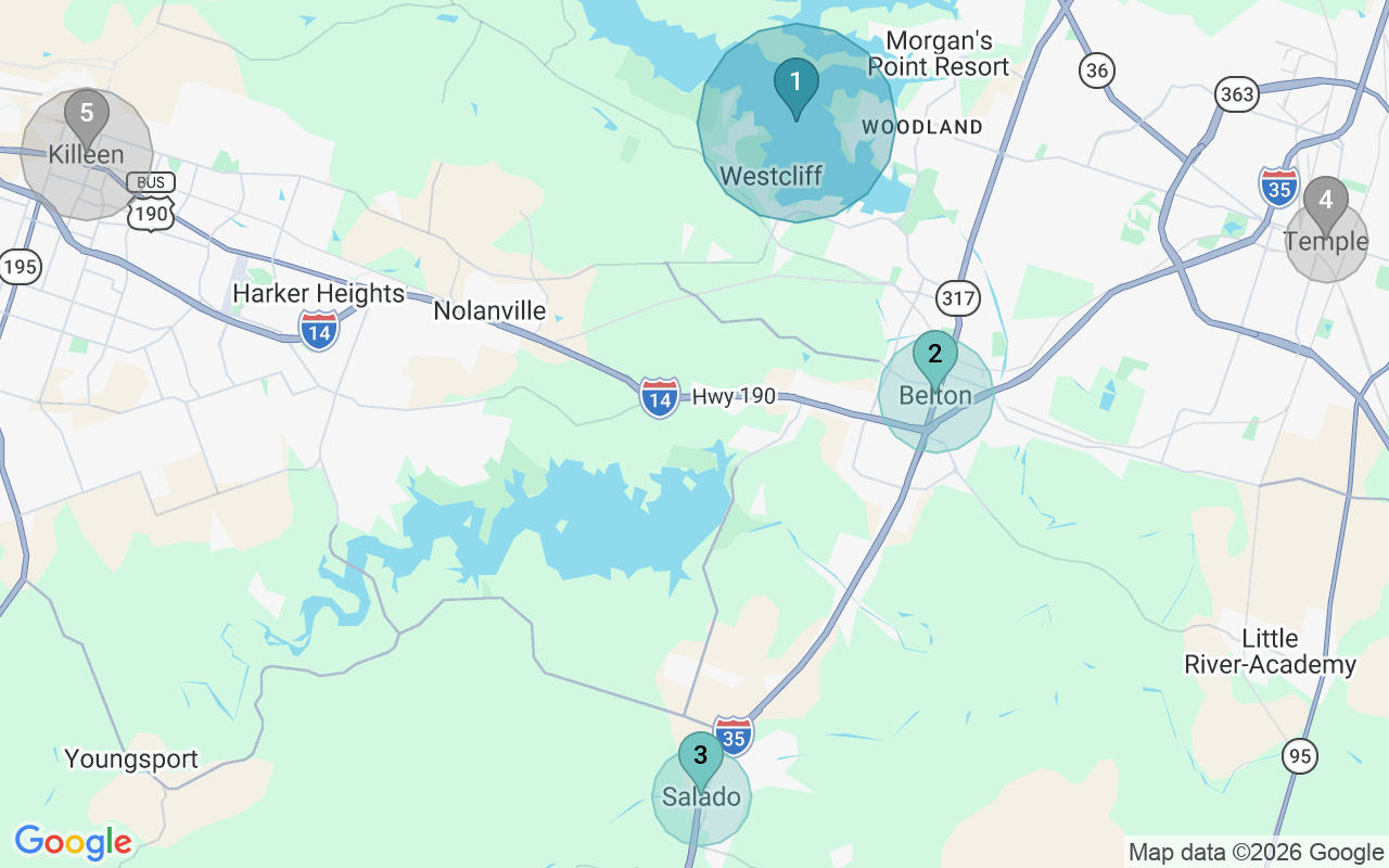 Map of Airbnb guest-review hotspots in Bell with location premium circles