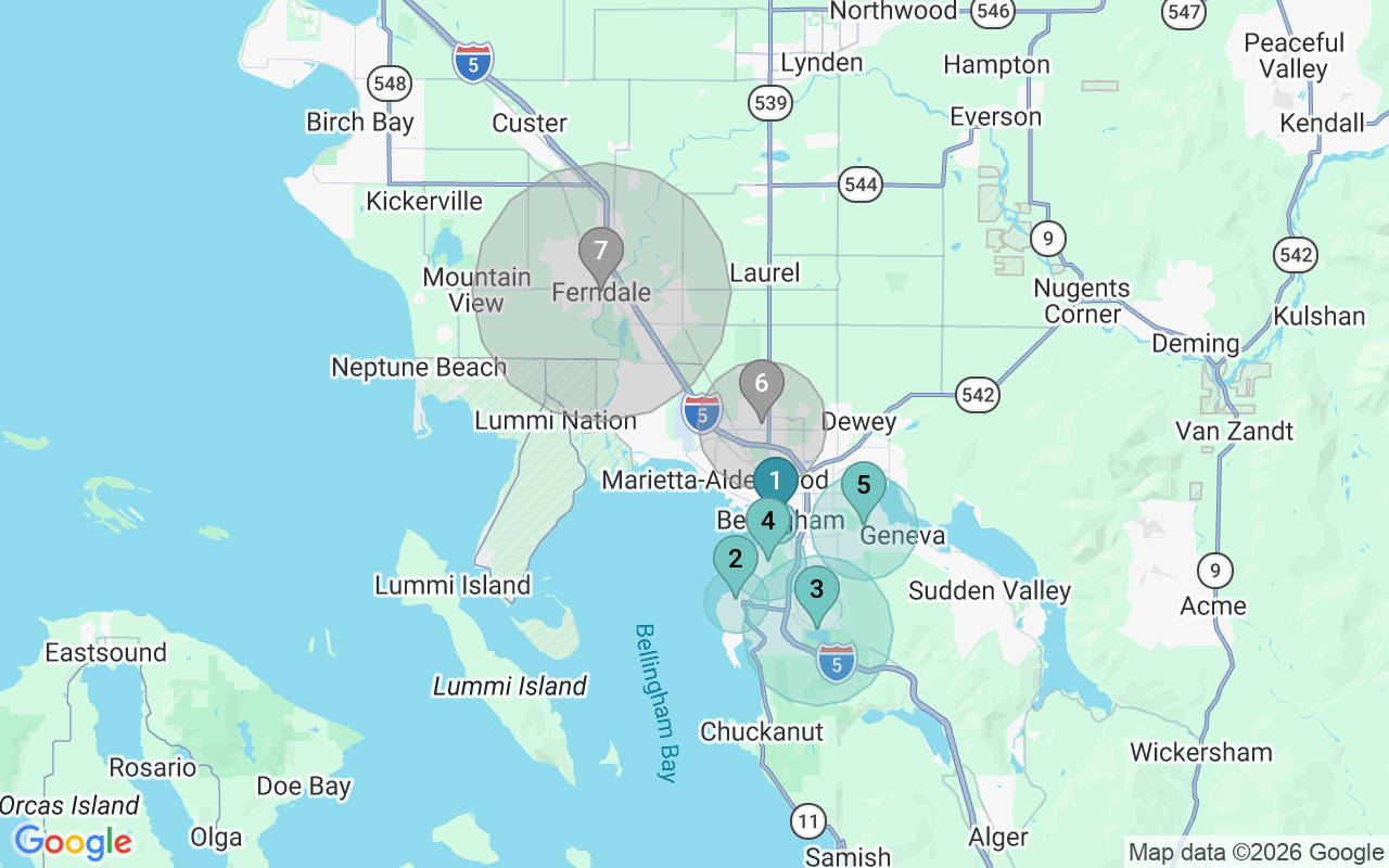 Map of Airbnb guest-review hotspots in Bellingham with location premium circles