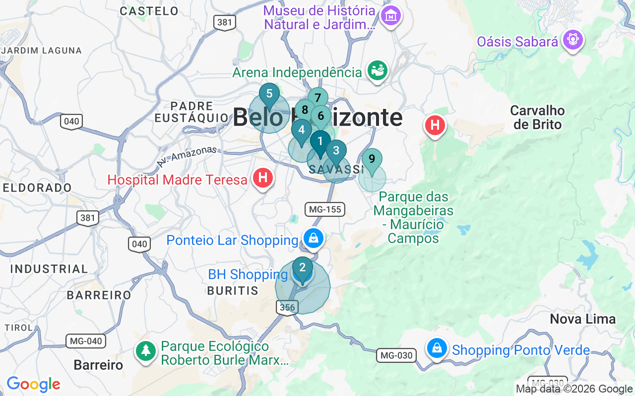 Map of Airbnb guest-review hotspots in Belo Horizonte with location premium circles