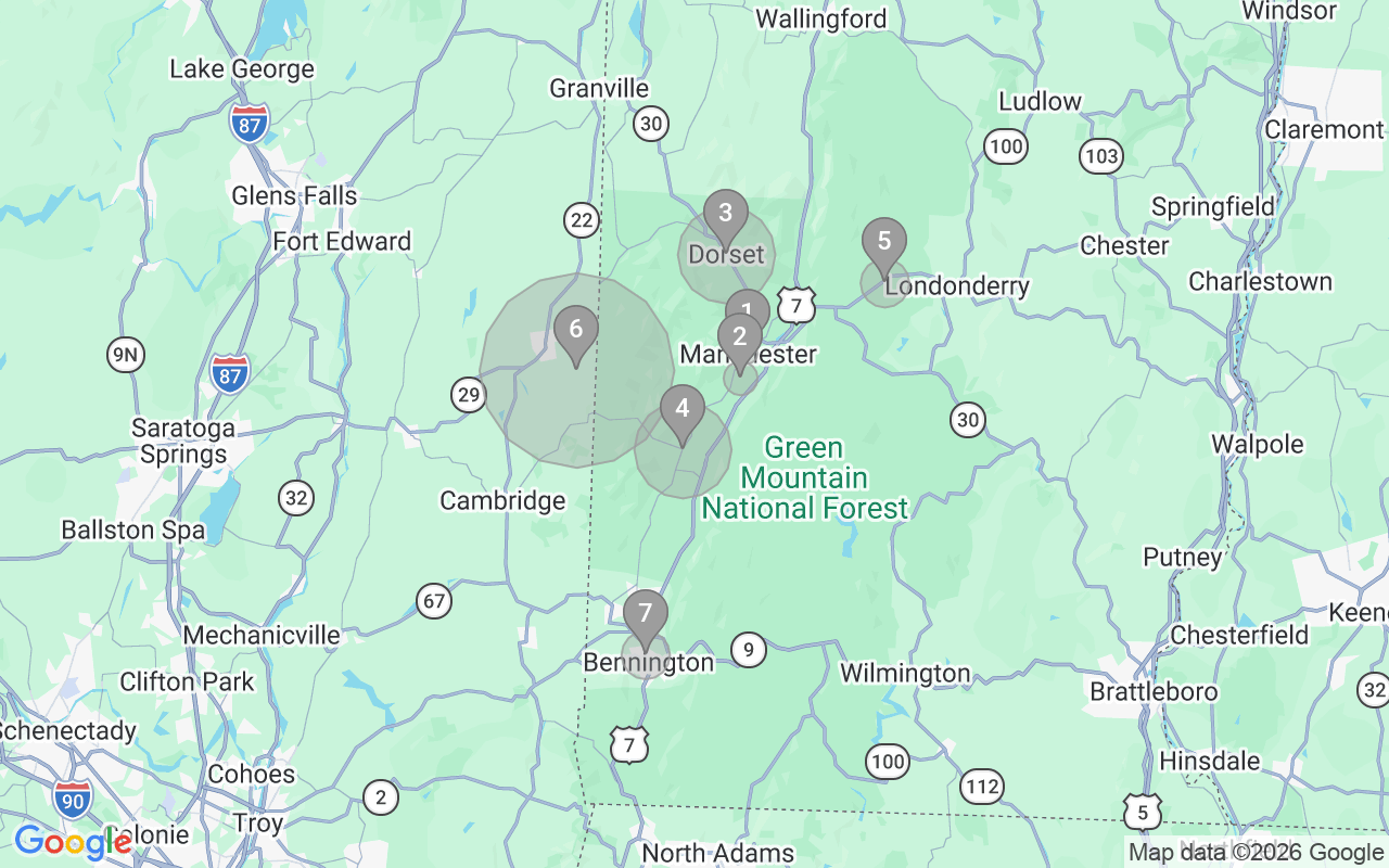 Map of Airbnb guest-review hotspots in Bennington with location premium circles