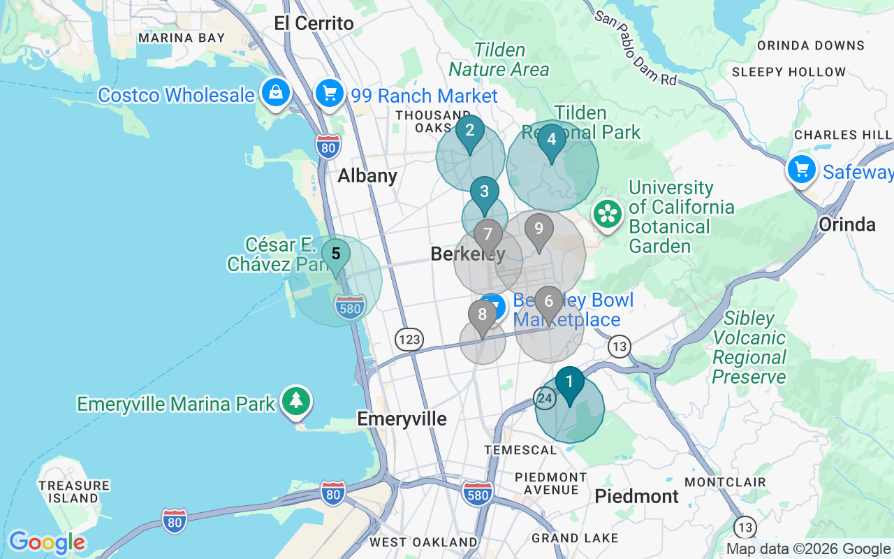 Map of Airbnb guest-review hotspots in Berkeley with location premium circles
