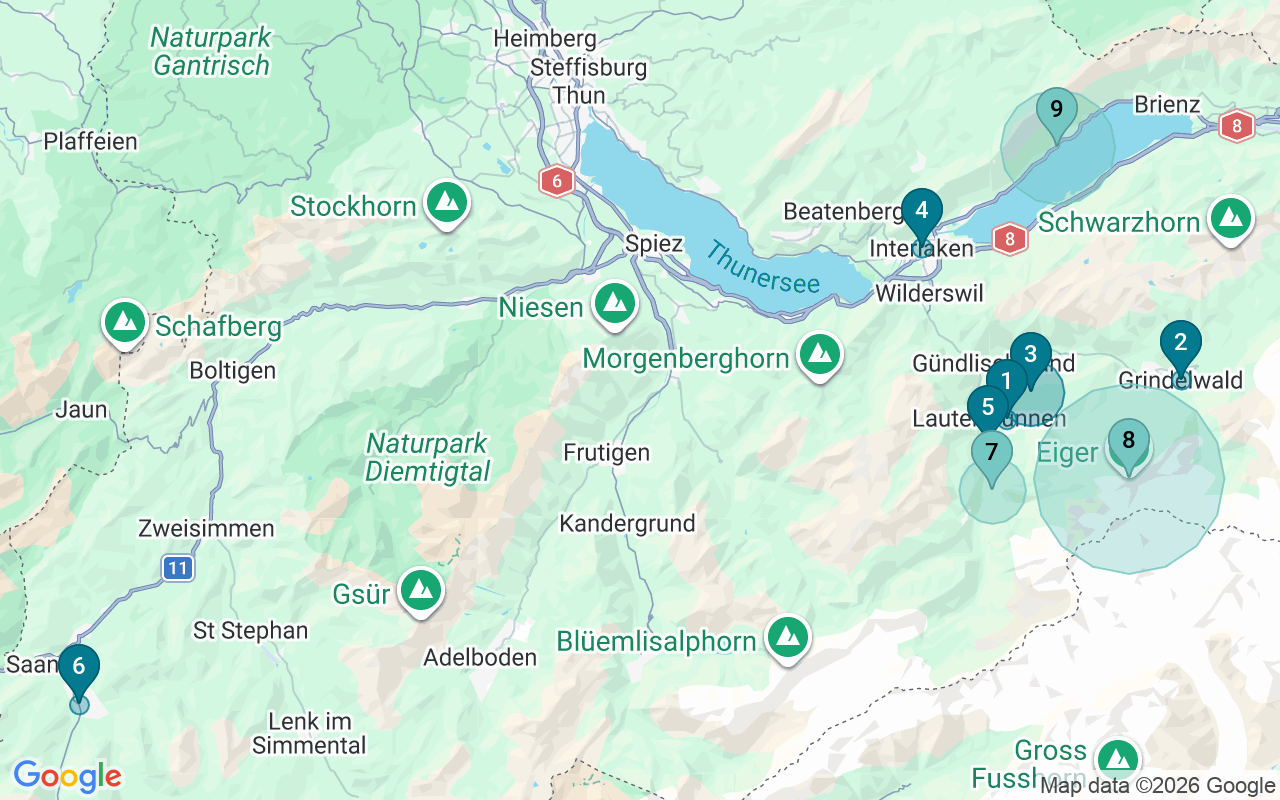 Map of Airbnb guest-review hotspots in Bern with location premium circles