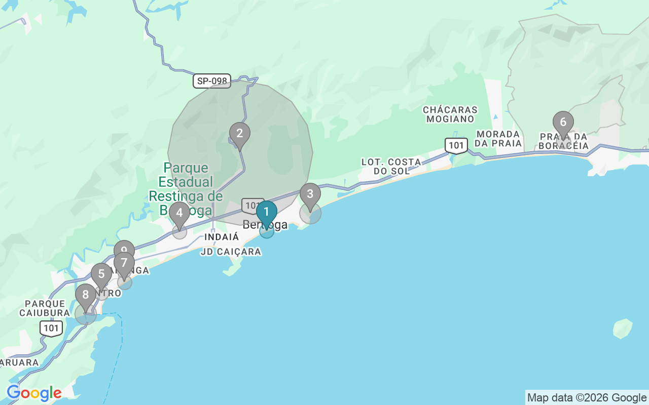 Map of Airbnb guest-review hotspots in Bertioga with location premium circles