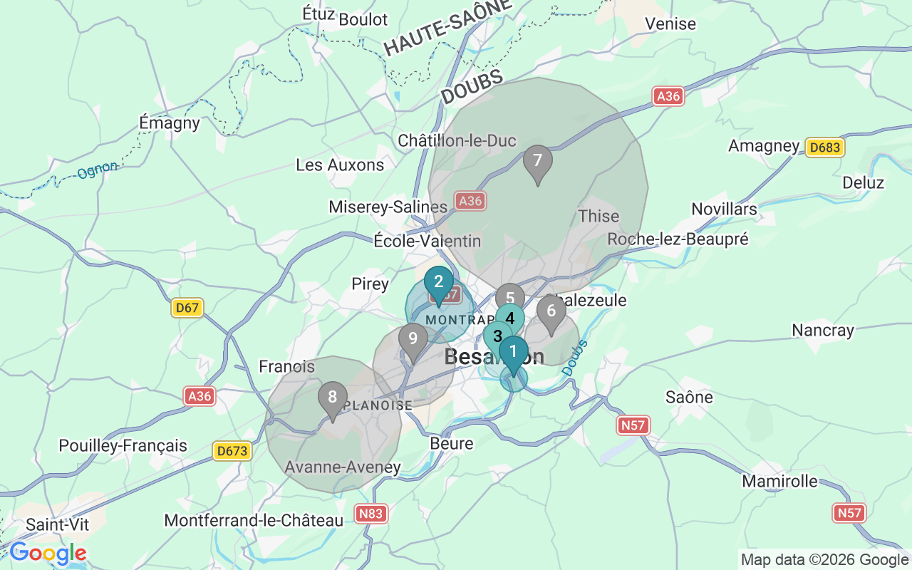 Map of Airbnb guest-review hotspots in Besancon with location premium circles