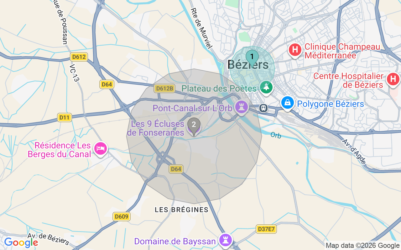 Map of Airbnb guest-review hotspots in Beziers with location premium circles
