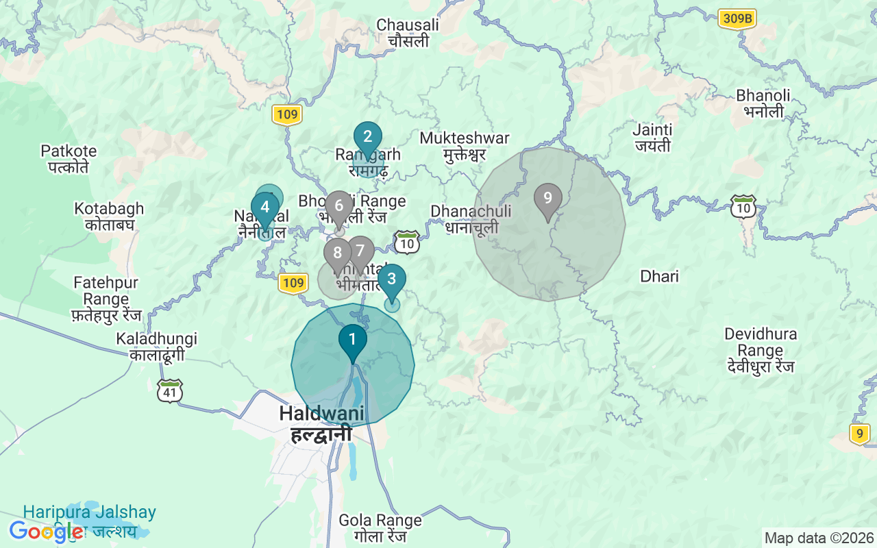 Map of Airbnb guest-review hotspots in Bhowali–Nainital with location premium circles