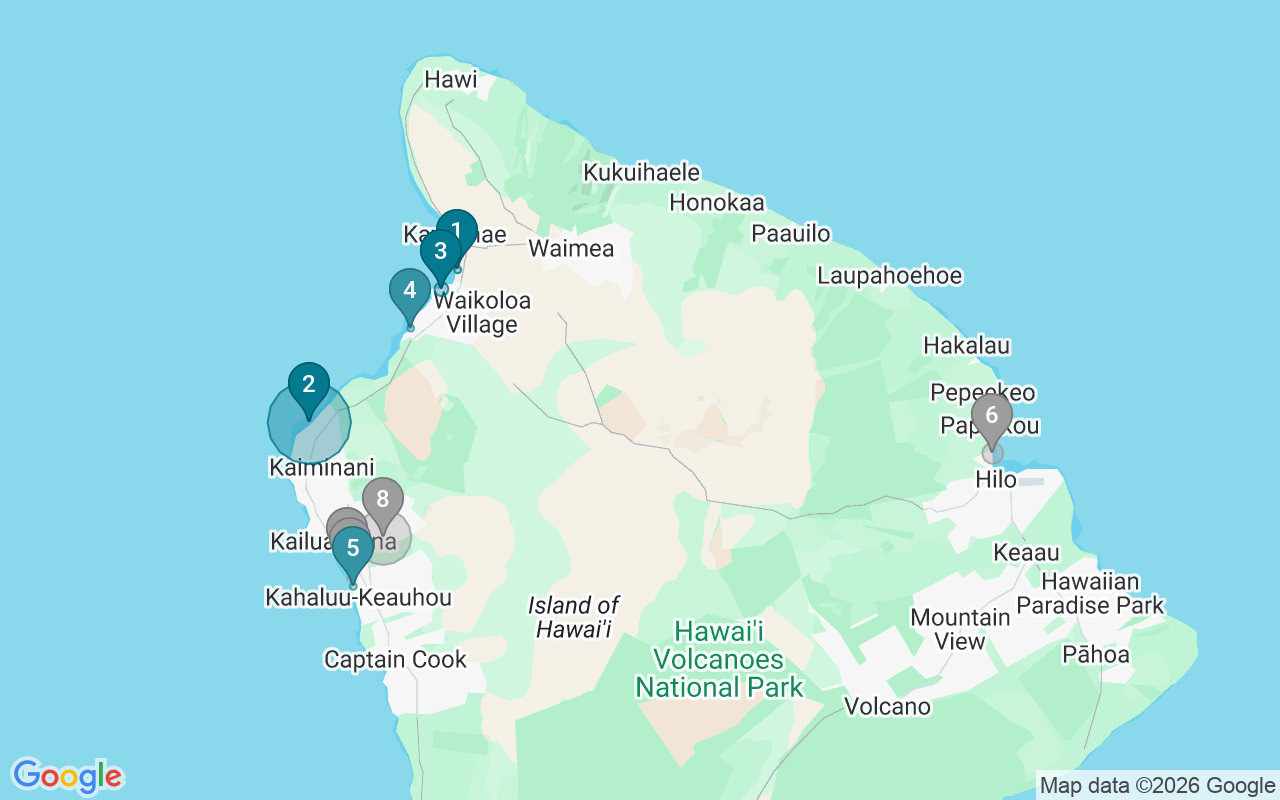 Map of Airbnb guest-review hotspots in Big Island with location premium circles