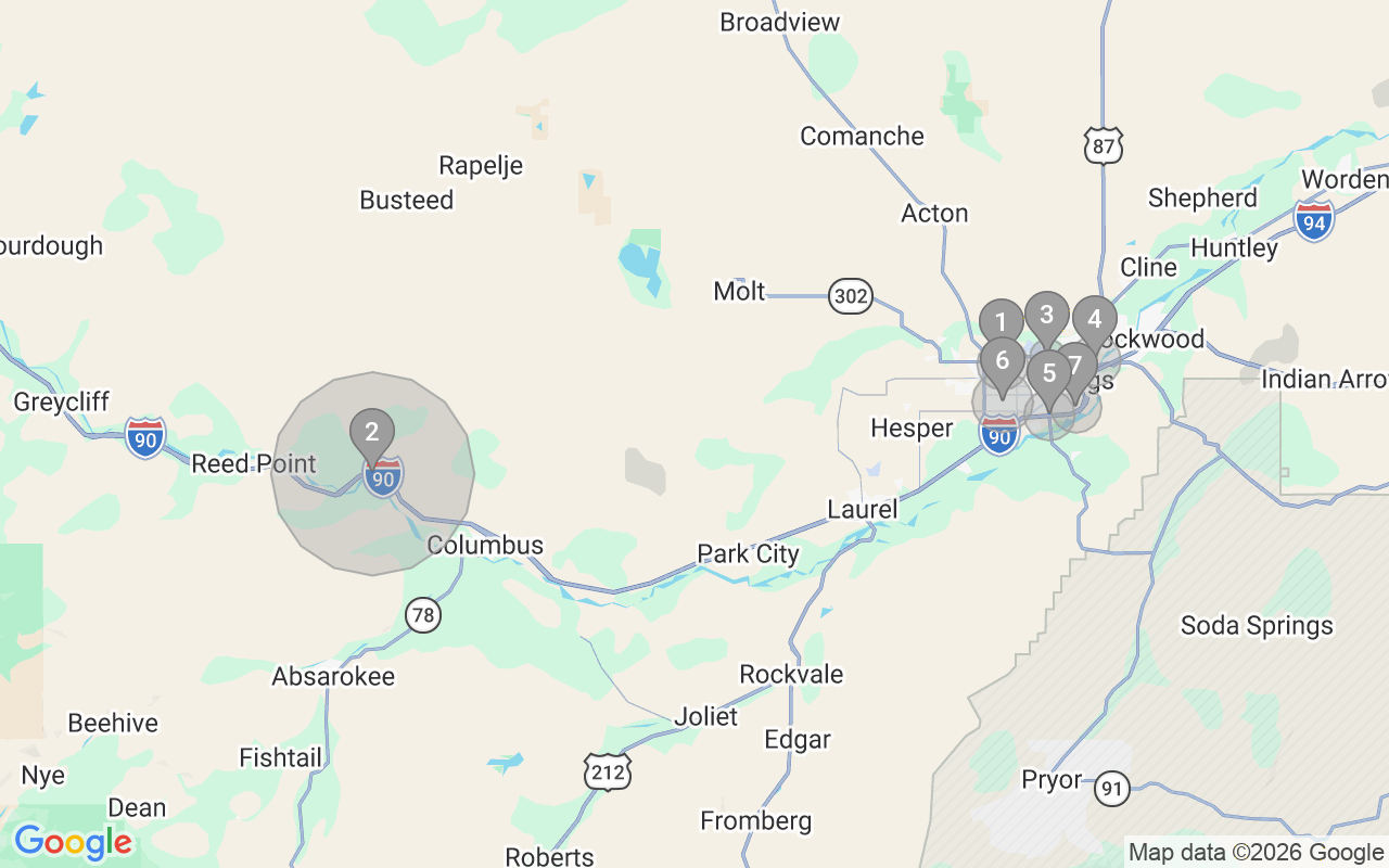 Map of Airbnb guest-review hotspots in Billings with location premium circles