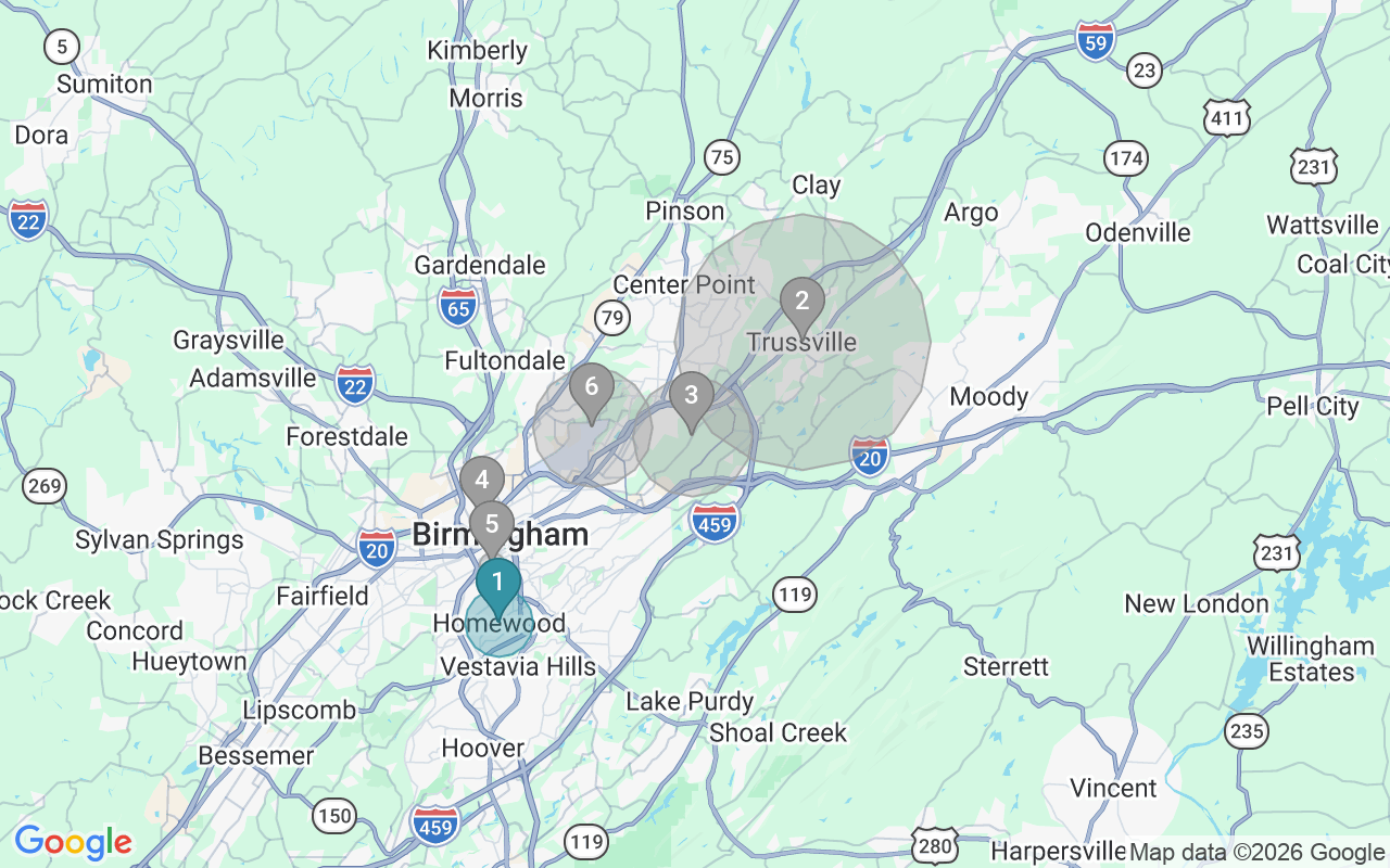 Map of Airbnb guest-review hotspots in Birmingham-Hoover with location premium circles