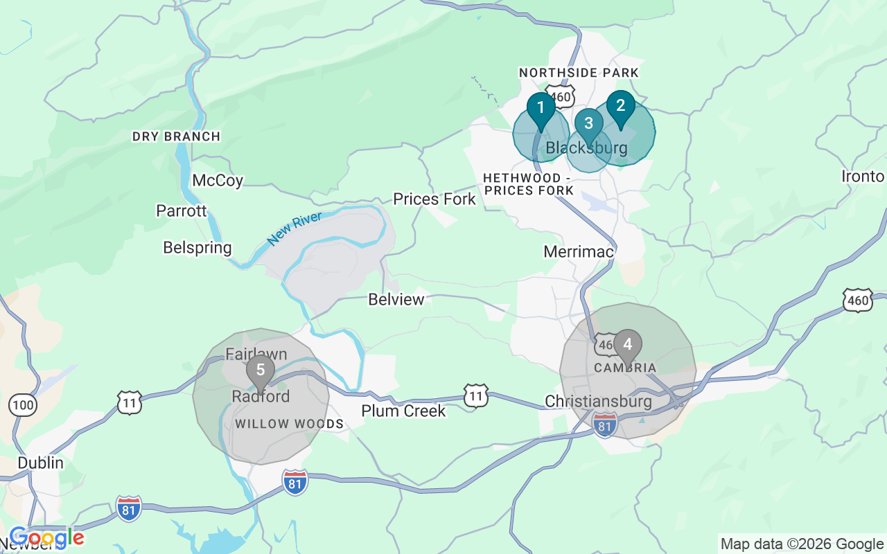 Map of Airbnb guest-review hotspots in Blacksburg-Christiansburg with location premium circles