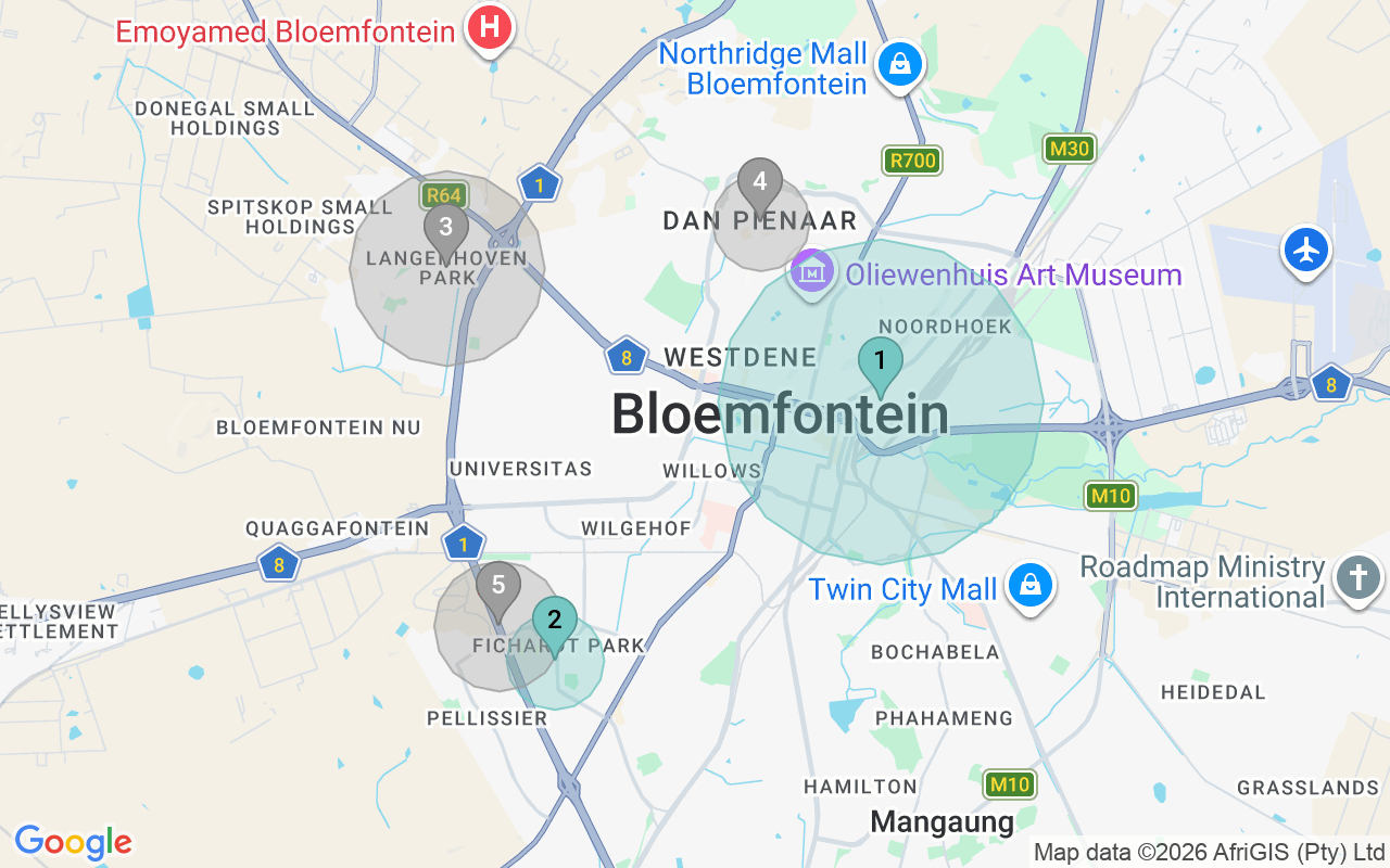 Map of Airbnb guest-review hotspots in Bloemfontein with location premium circles