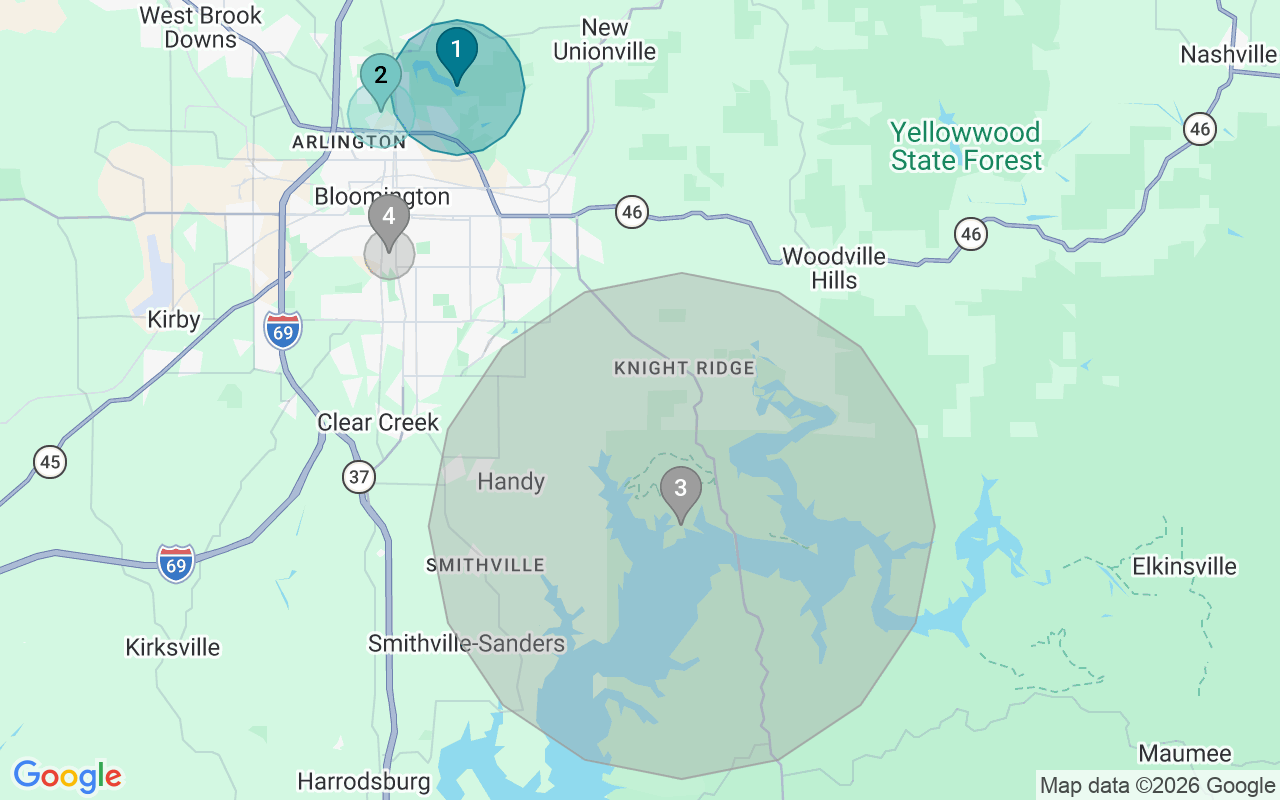 Map of Airbnb guest-review hotspots in Bloomington with location premium circles