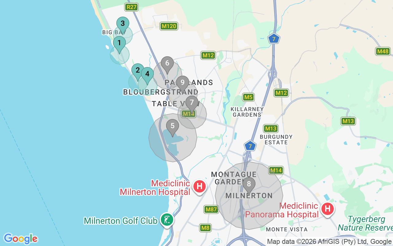 Map of Airbnb guest-review hotspots in Blouberg with location premium circles