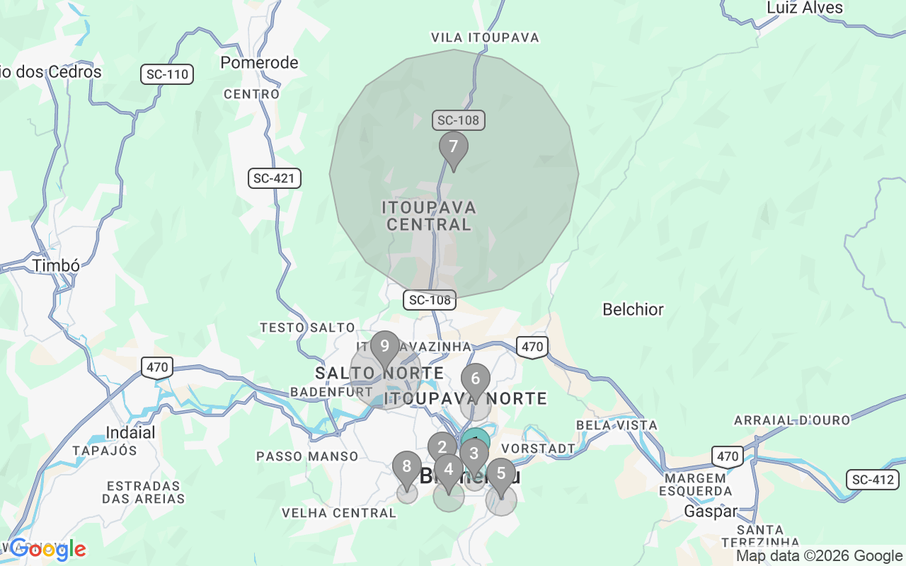 Map of Airbnb guest-review hotspots in Blumenau with location premium circles