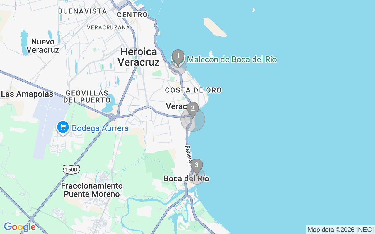Map of Airbnb guest-review hotspots in Boca Del Rio with location premium circles
