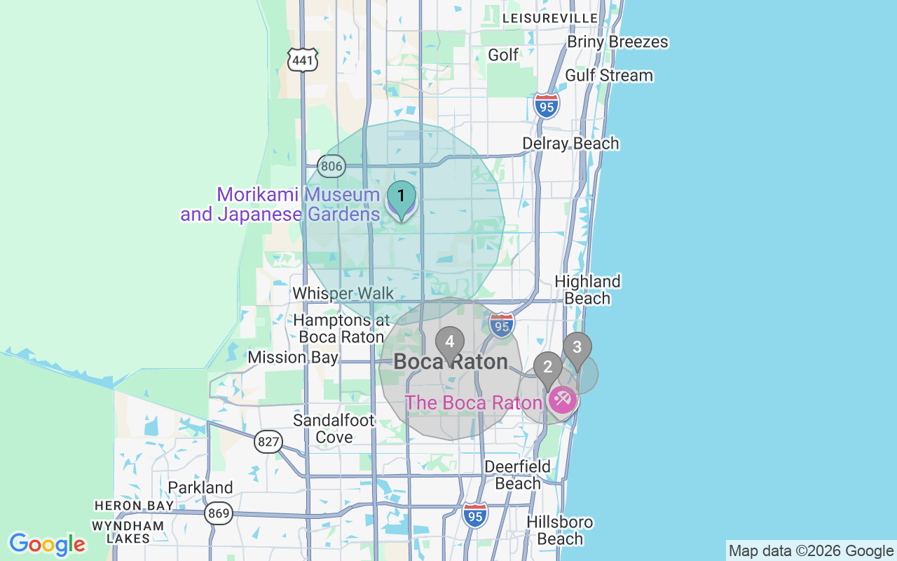 Map of Airbnb guest-review hotspots in Boca Raton with location premium circles