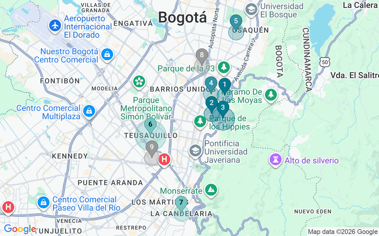 Map of Airbnb guest-review hotspots in Bogota with location premium circles