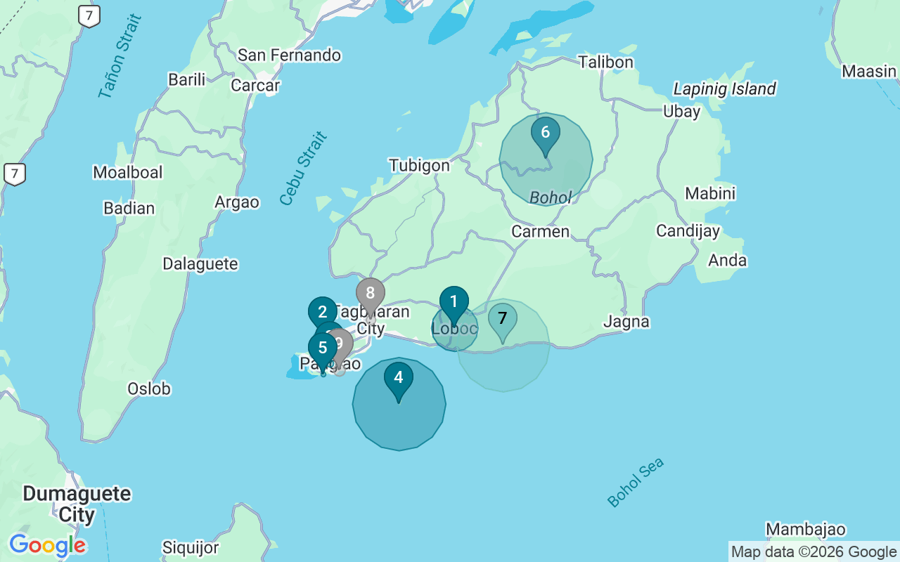 Map of Airbnb guest-review hotspots in Bohol with location premium circles