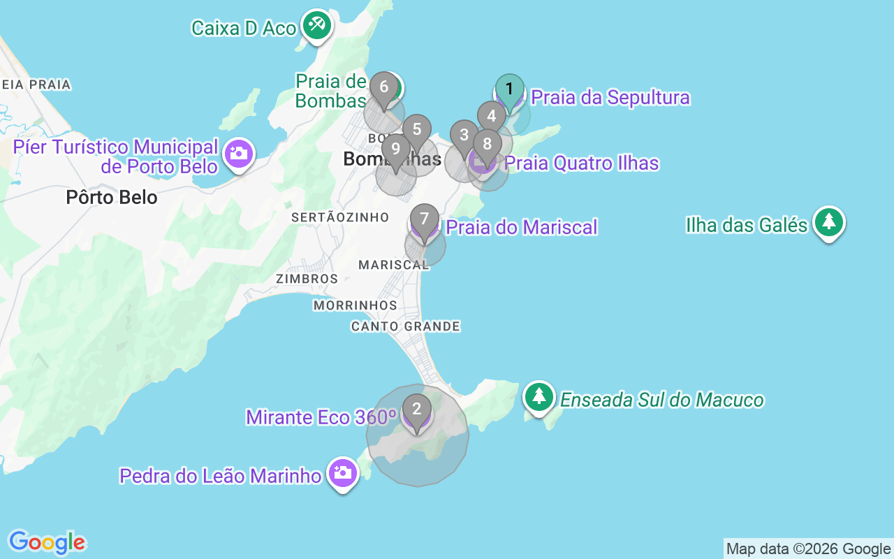 Map of Airbnb guest-review hotspots in Bombinhas with location premium circles
