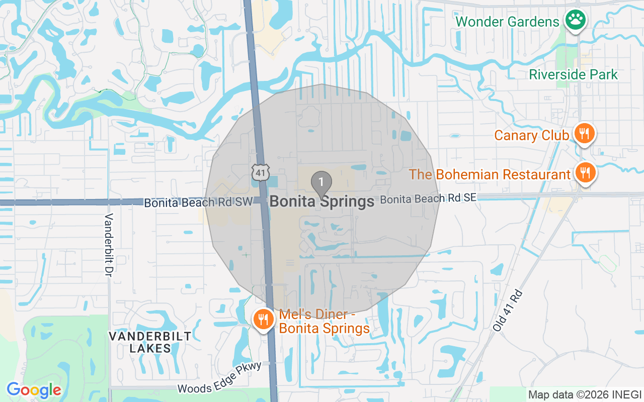 Map of Airbnb guest-review hotspots in Bonita Springs with location premium circles