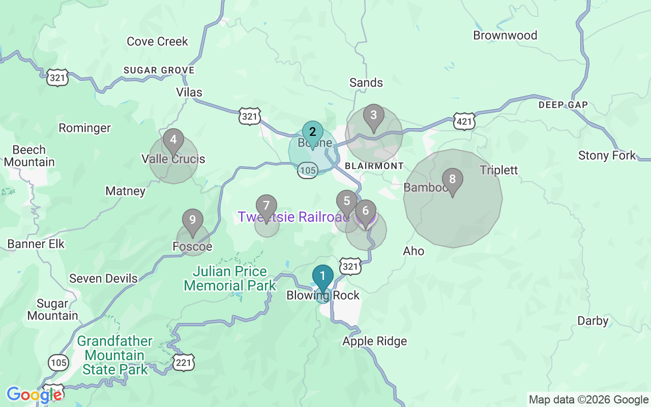 Map of Airbnb guest-review hotspots in Boone with location premium circles