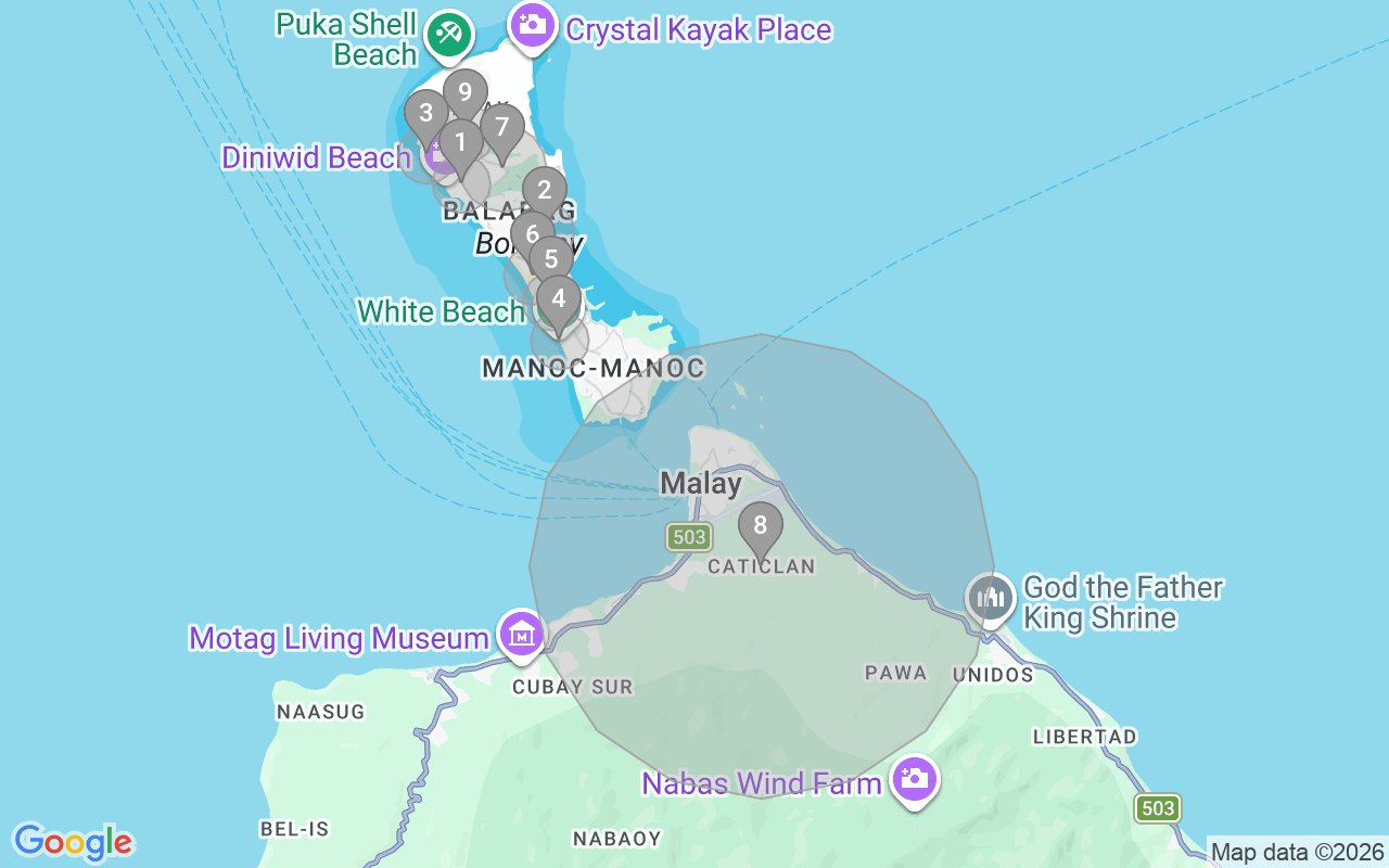 Map of Airbnb guest-review hotspots in Boracay with location premium circles