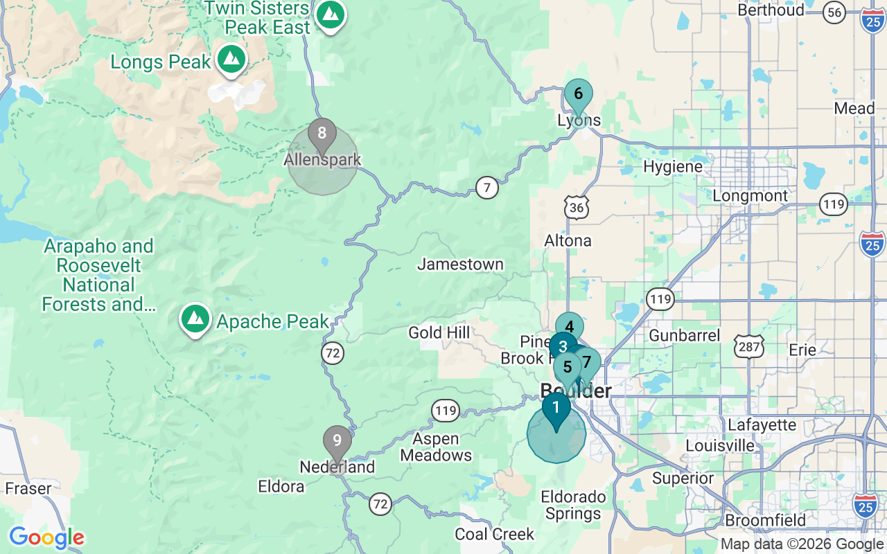 Map of Airbnb guest-review hotspots in Boulder with location premium circles