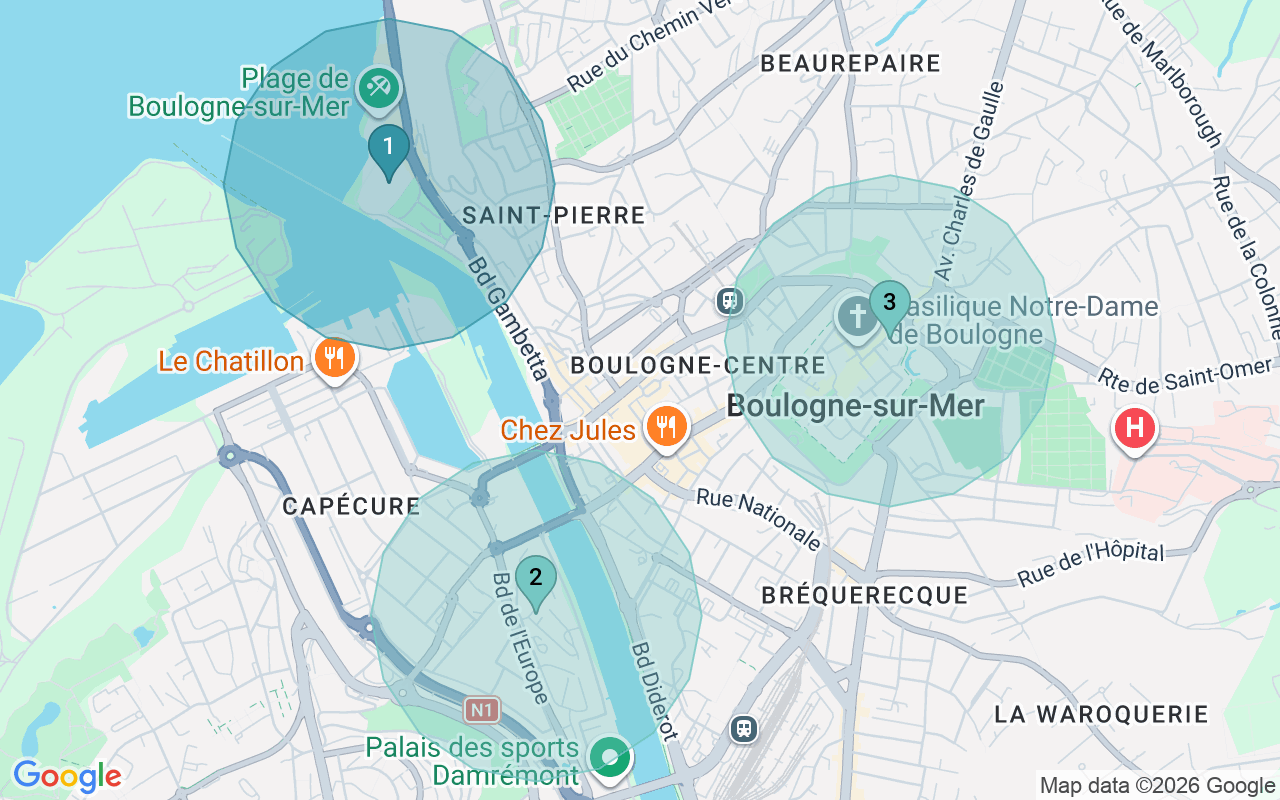 Map of Airbnb guest-review hotspots in Boulogne-Sur-Mer with location premium circles