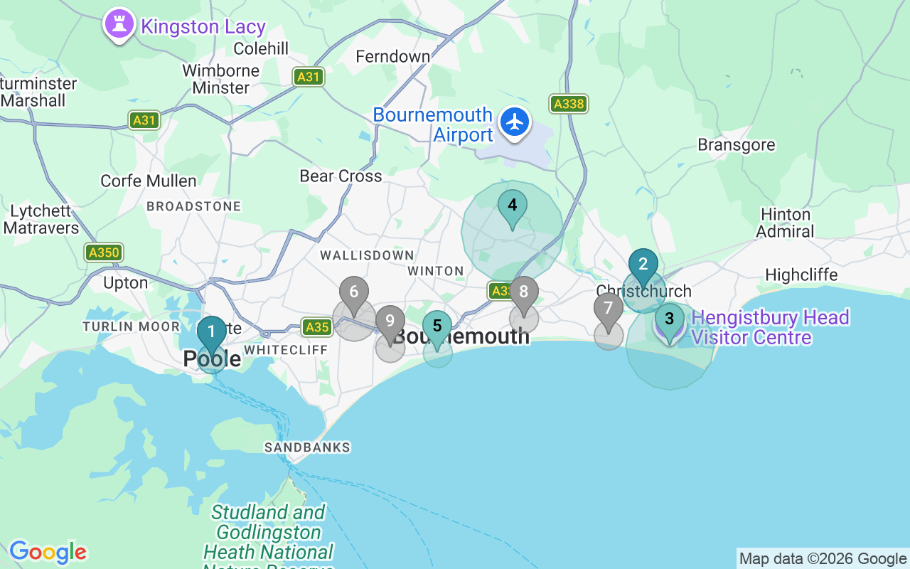 Map of Airbnb guest-review hotspots in Bournemouth with location premium circles
