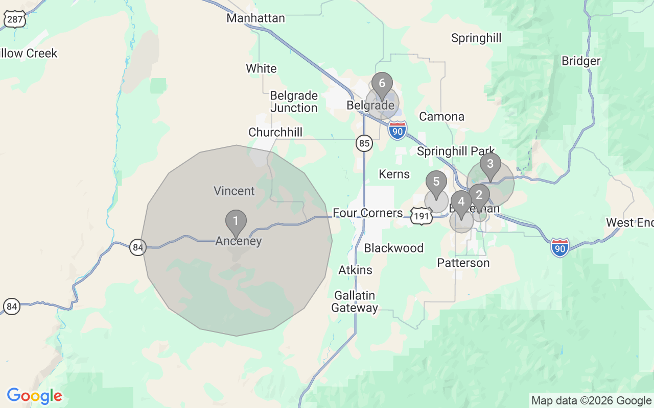 Map of Airbnb guest-review hotspots in Bozeman with location premium circles